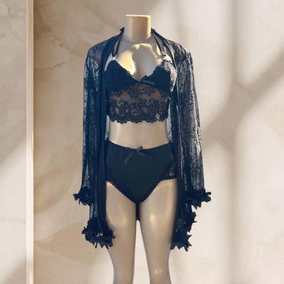 Suviafashion Other - Black Lace Lingerie Set – Bralette, Panty & Sheer Robe 3 Piece Sexy Elegant ✧ M